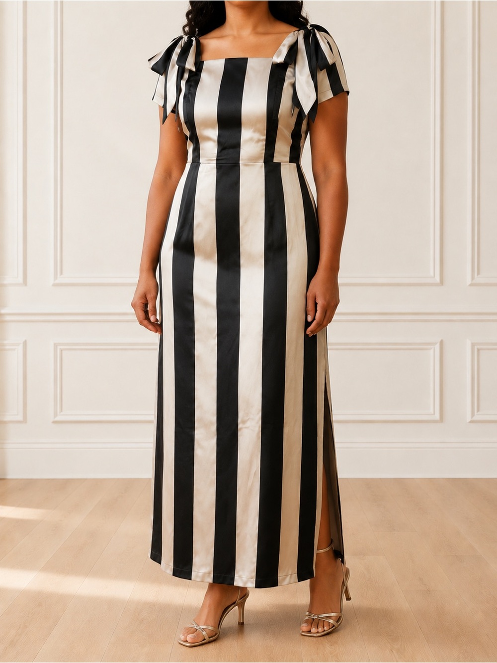 Ivy City Co Marni Dress Sz 1X Black Gold Stripe Satin Bow Midi Retro Party NWT